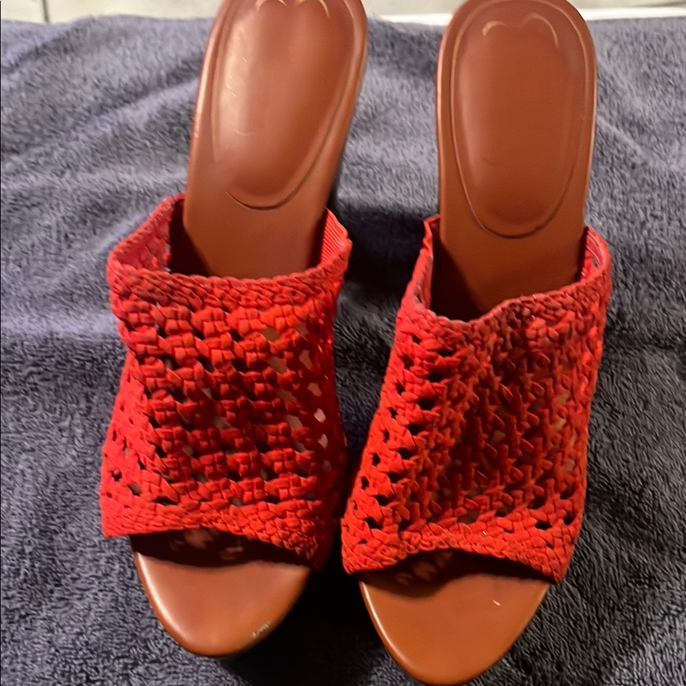 Red Knitted Open-Toe Mules with Medium Heel